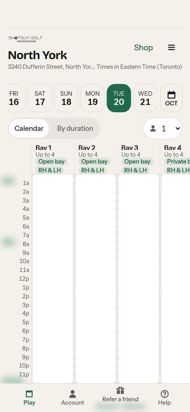 Picking a day and a time on the Shotgun Golf booking page