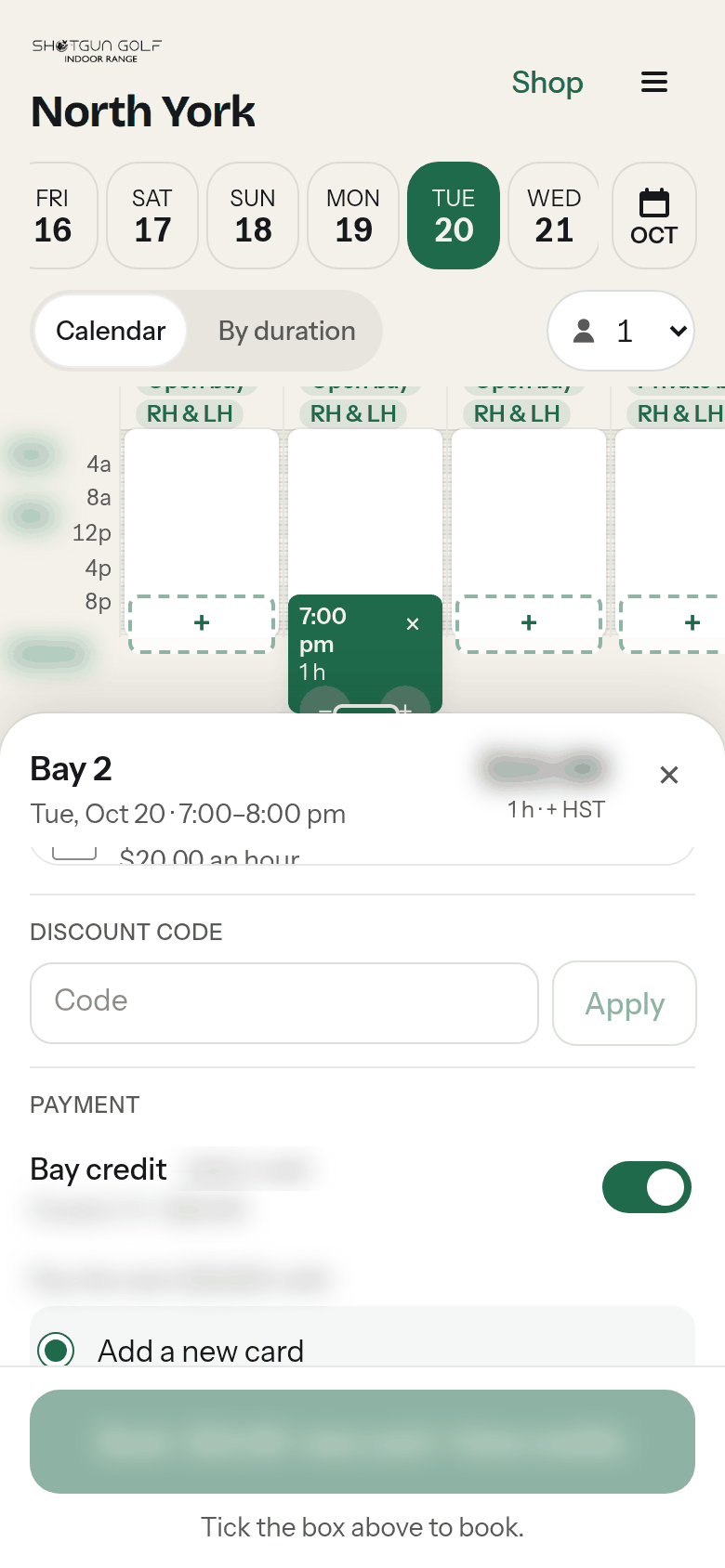 Choosing Pay with a gift card in the booking sheet
