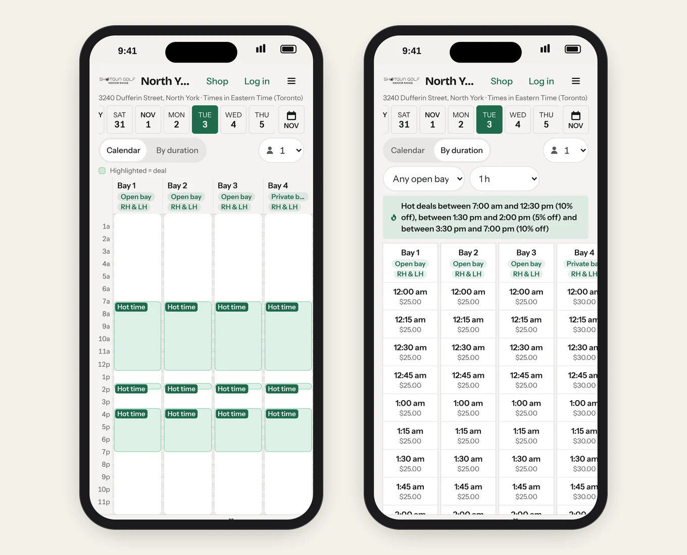 The North York booking calendar, with Hot time deals highlighted, and the By duration view listing every start time and price