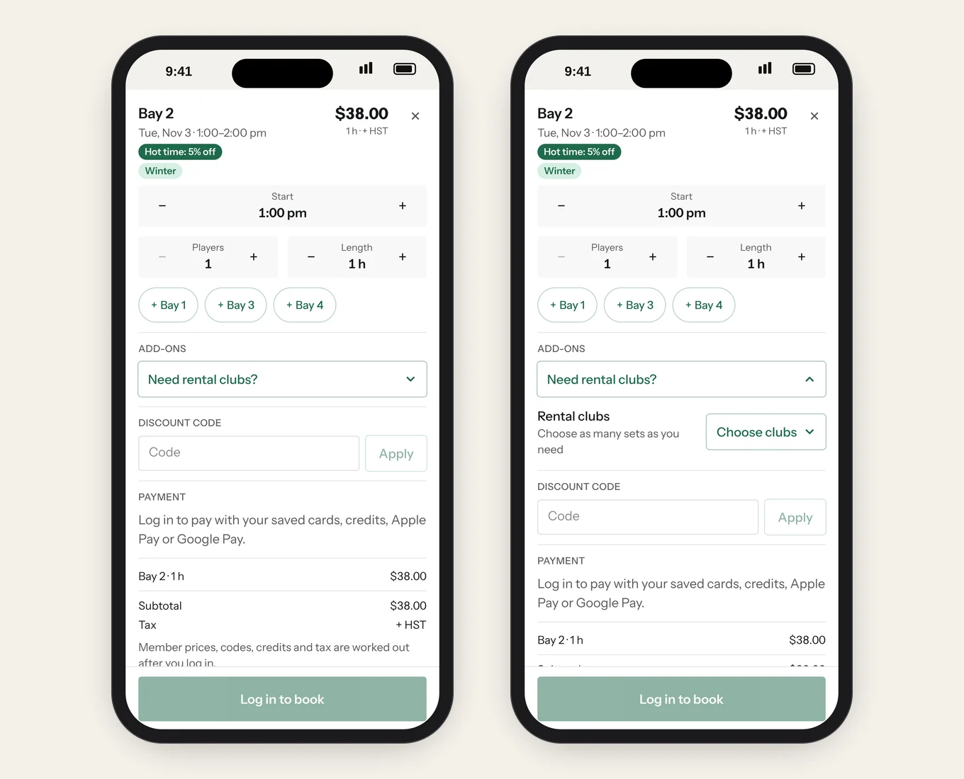 The booking sheet: start time, players and length, extra bays, rental clubs, discount code and payment