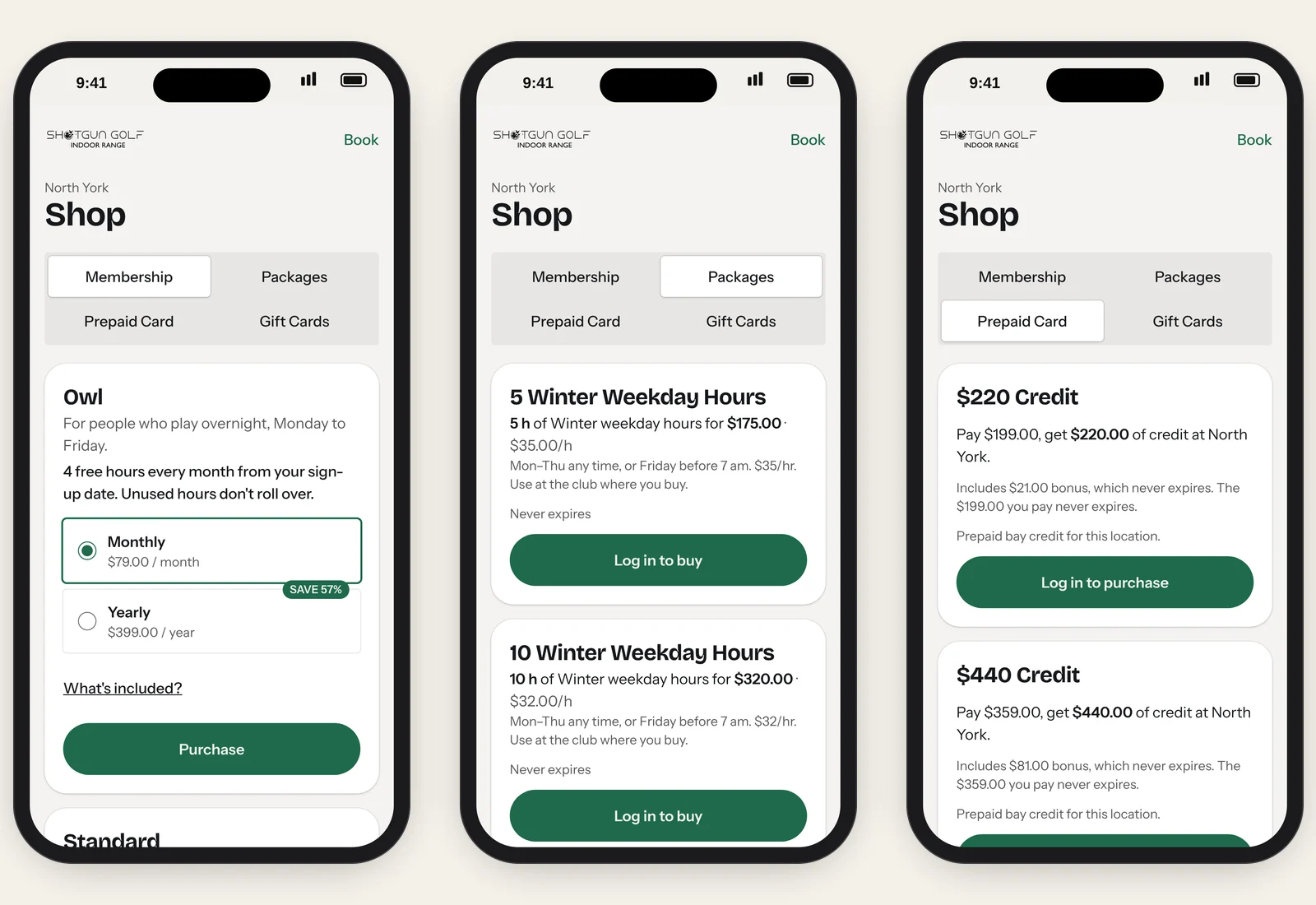 The North York shop: membership plans with monthly or yearly billing, winter hour packages and prepaid cards with bonus credit