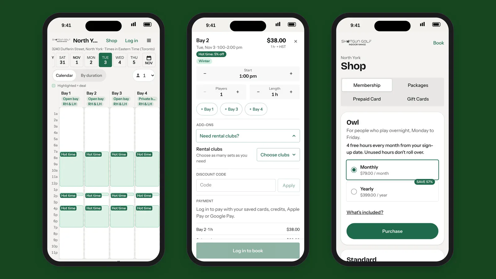Three iPhones showing the new Shotgun Golf booking site: the North York calendar with Hot times, the booking sheet with rental clubs, and the membership shop