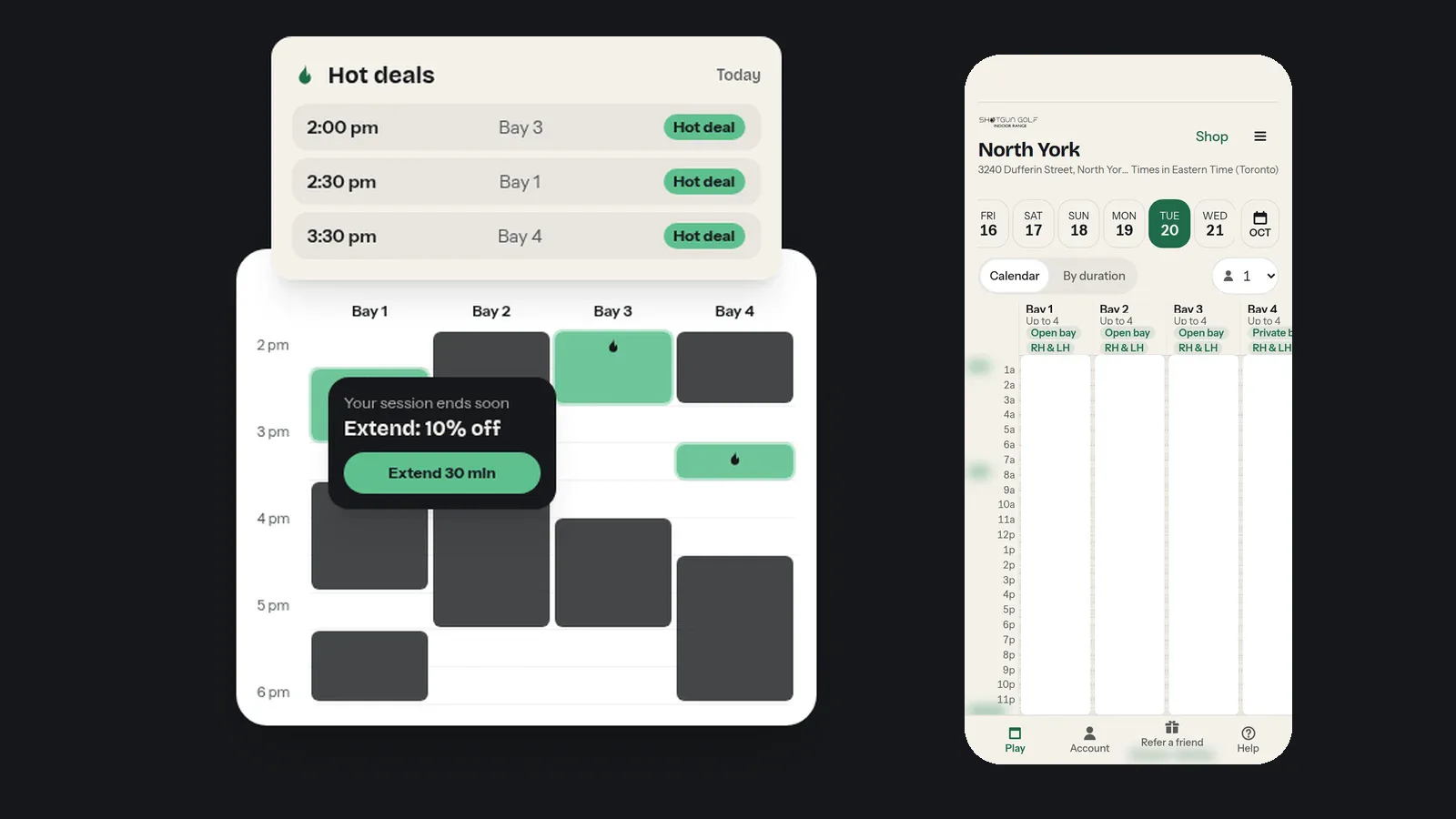 The booking calendar with hot deals highlighted, next to the Shotgun Golf North York booking page on a phone