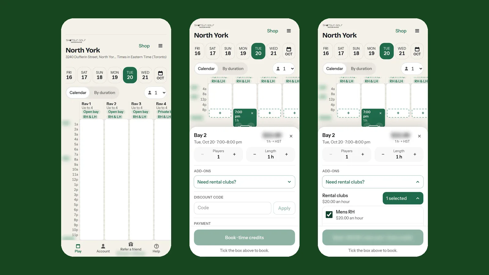 The new Shotgun Golf booking page on a phone: the North York calendar, the booking sheet and rental clubs being added