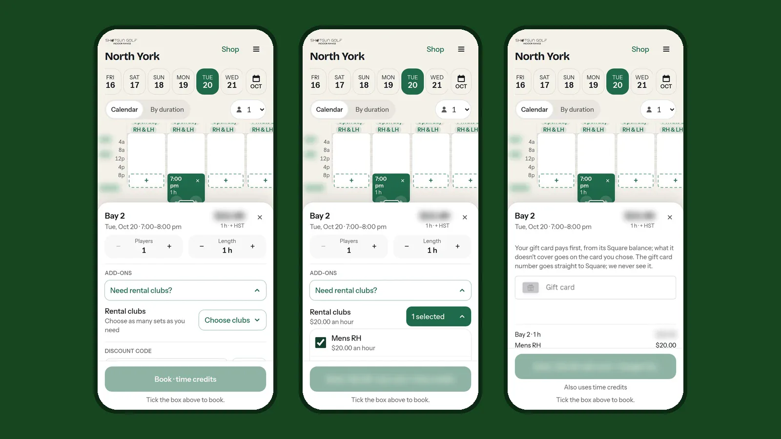 The Shotgun Golf booking sheet: adding a set of rental clubs and paying with a gift card