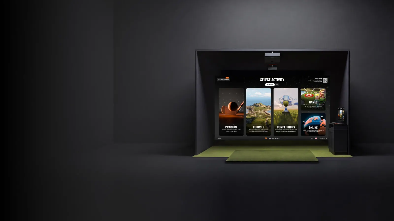 TrackMan simulator menu showing Practice, Courses, Competitions, Games and Online